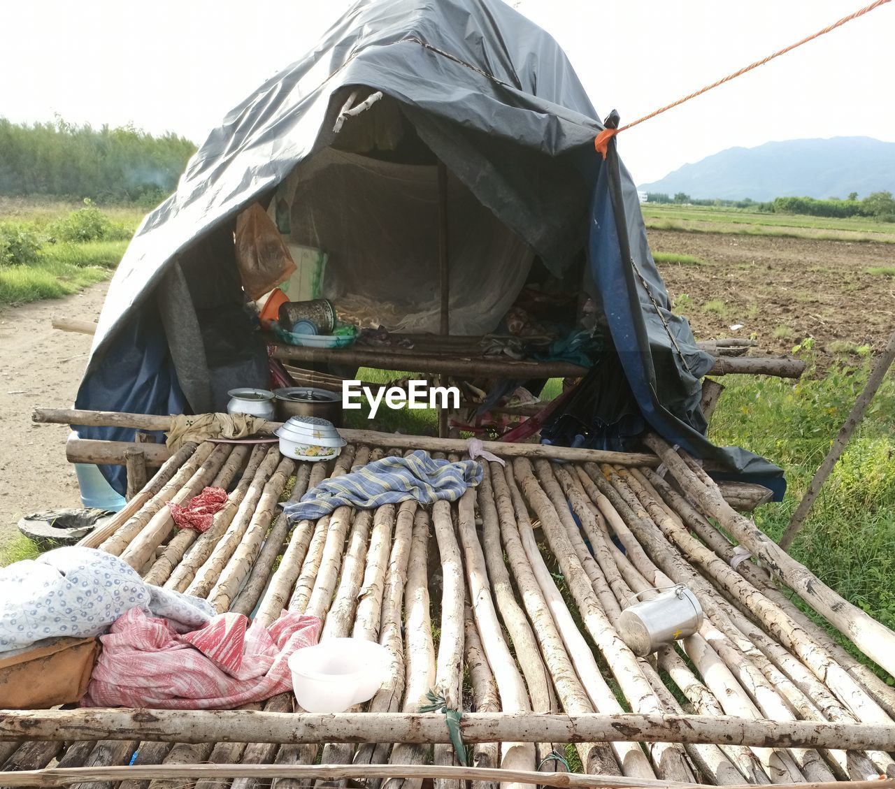 High angle view of woman sitting in tent