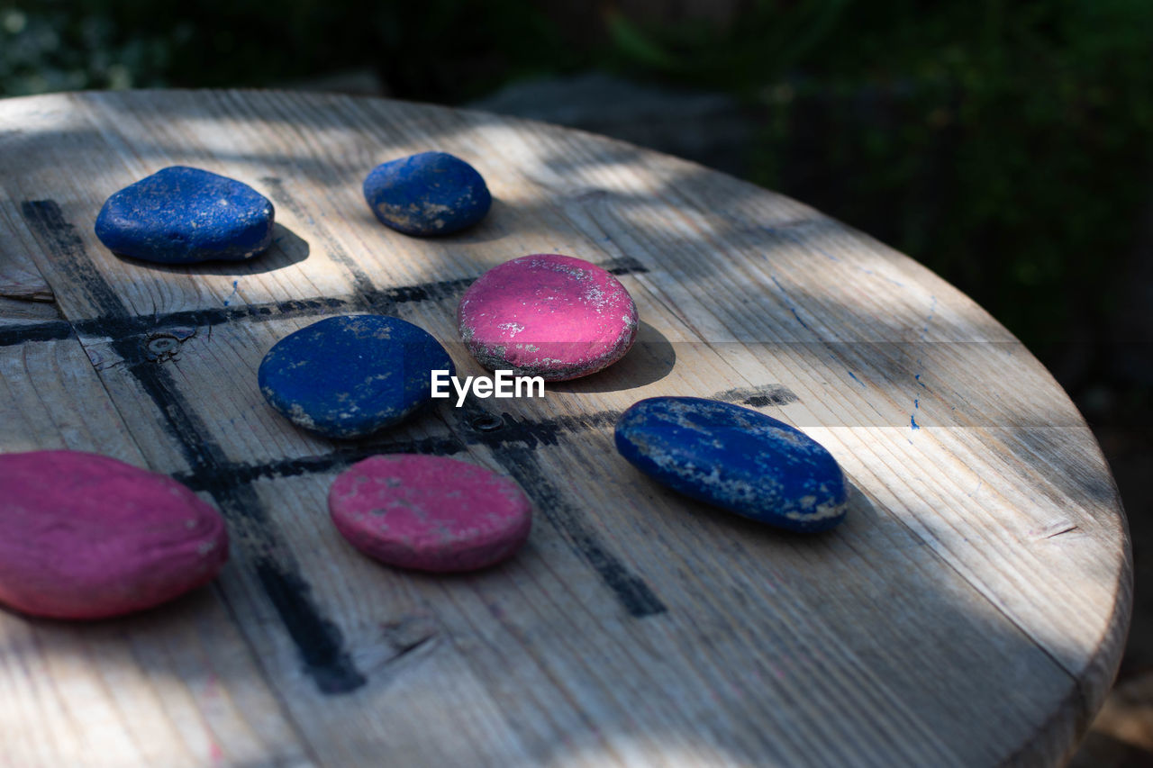 High angle view of multi colored balls on table