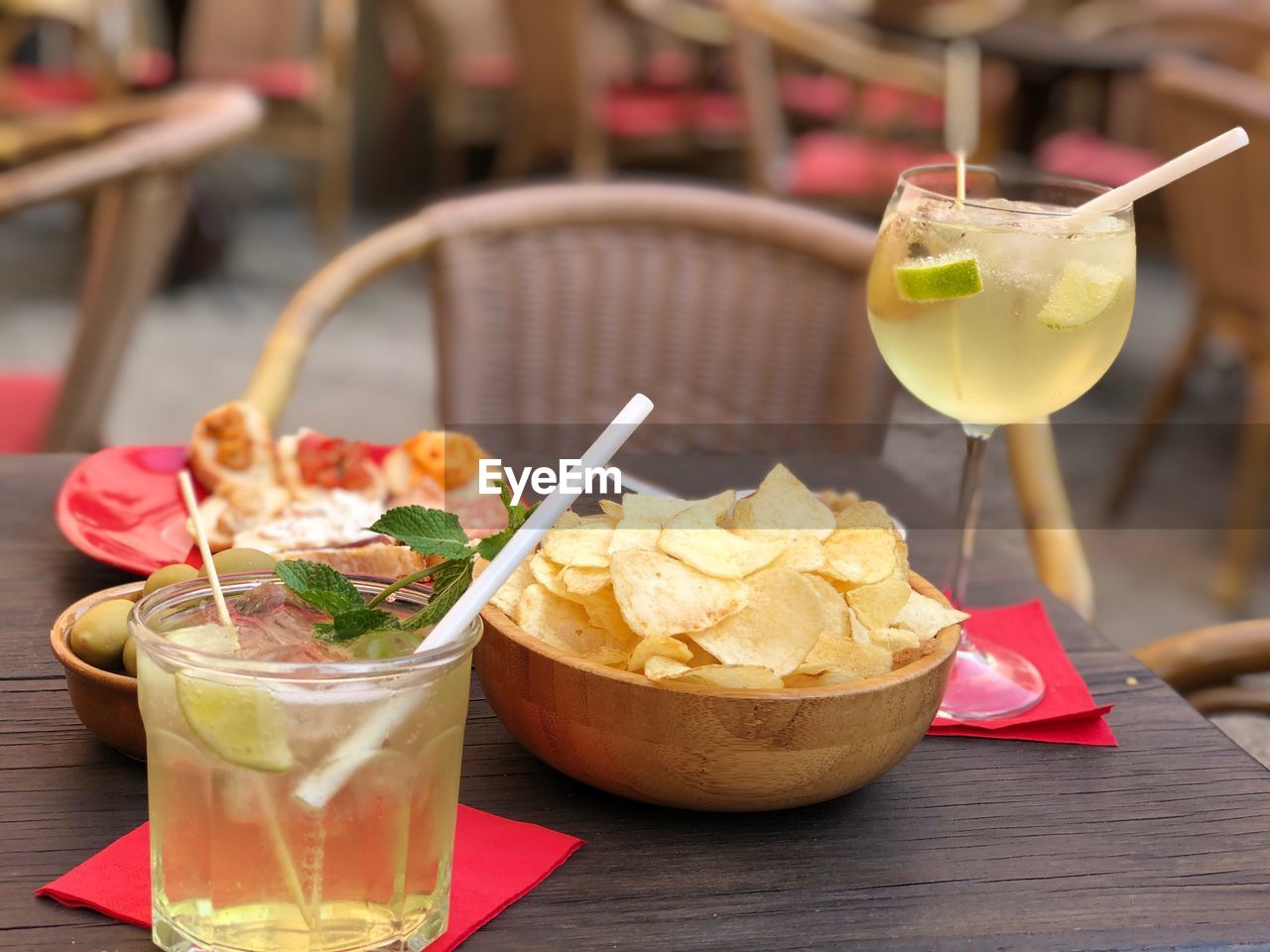 Close-up of food and drinks on table