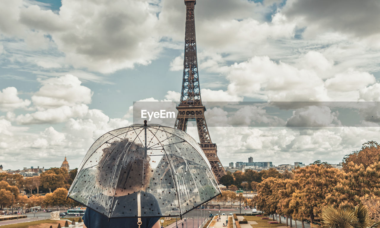 Rear view of woman holding umbrella standing against eiffel tower