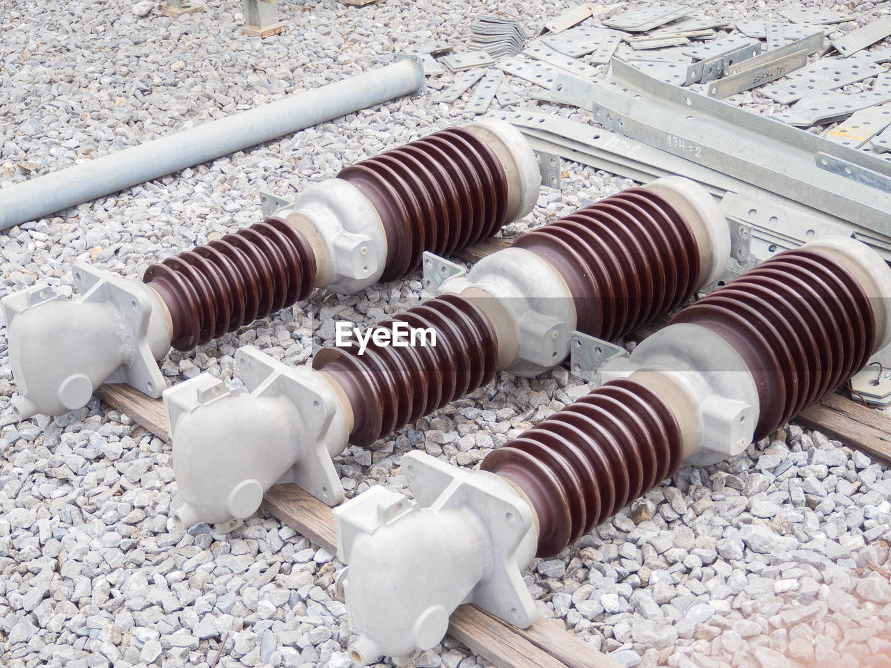 Low angle view of electricity transformers 