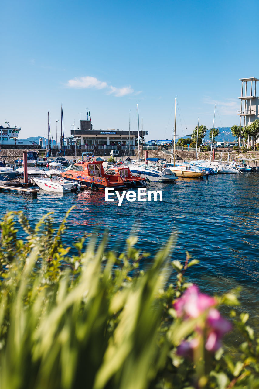 Boats moored at harbor