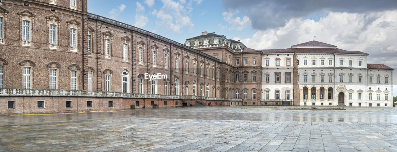 Extra wide angle view of the beautiful facades of the royal palace of the savoy in the venaria reale