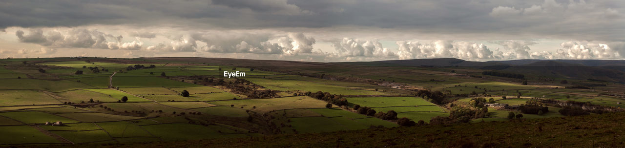 Countryside landscape in the peak district, derbyshire, with moody skies above.