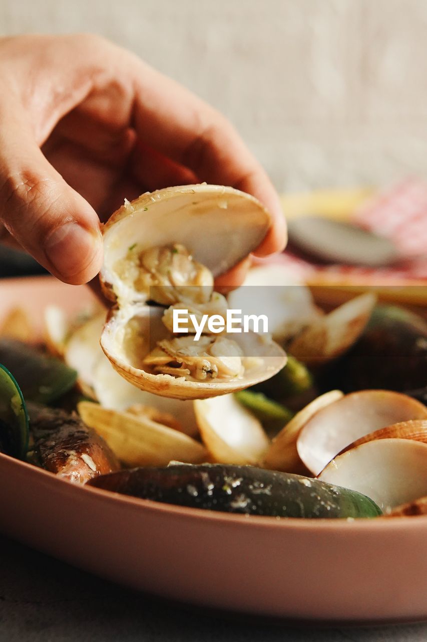 Close-up of hand holding shellfish in plate