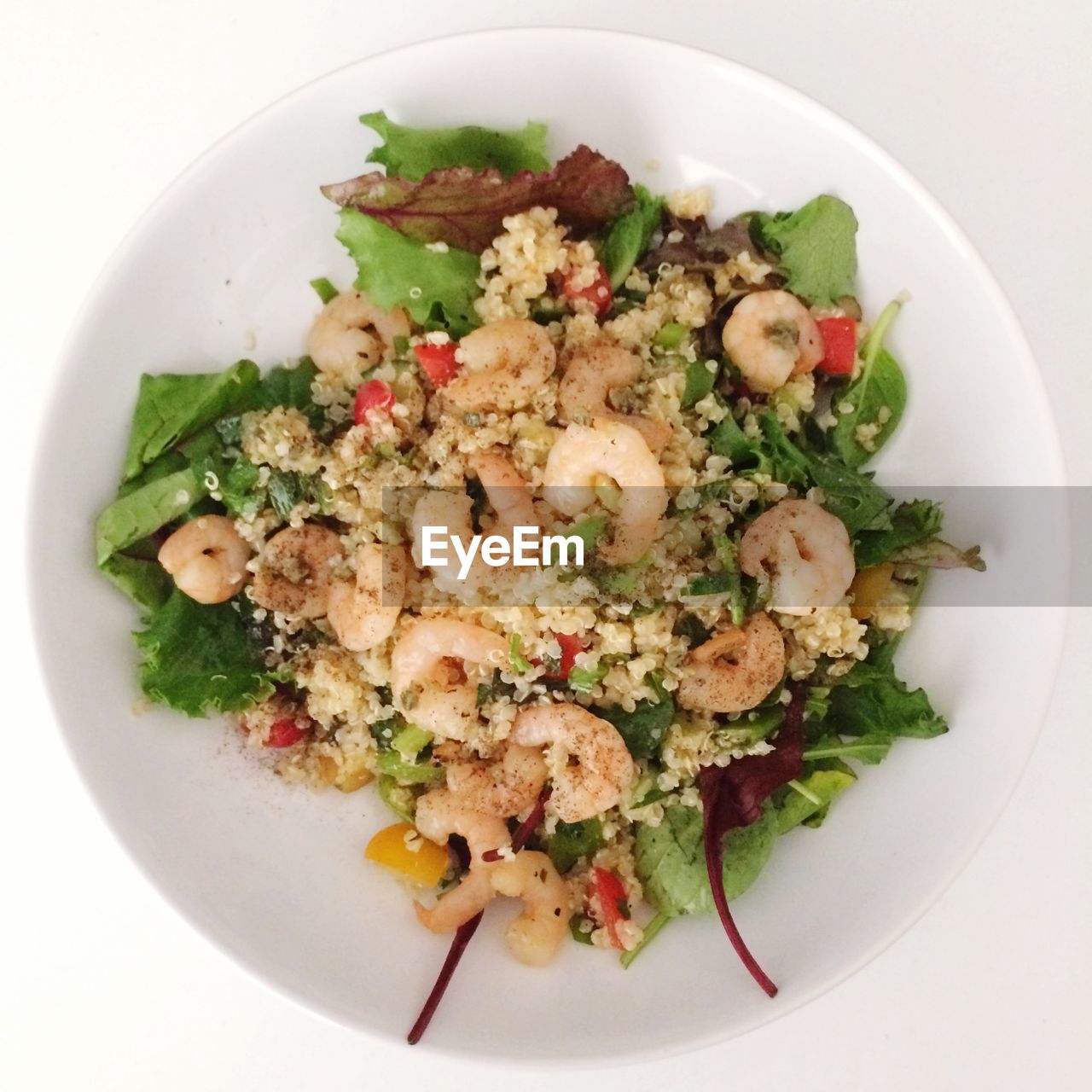 High angle view of quinoa salad with shrimps