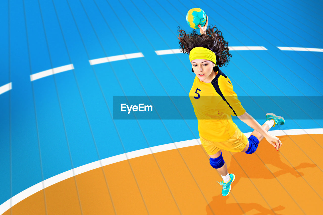 Digital composite image of woman playing basketball
