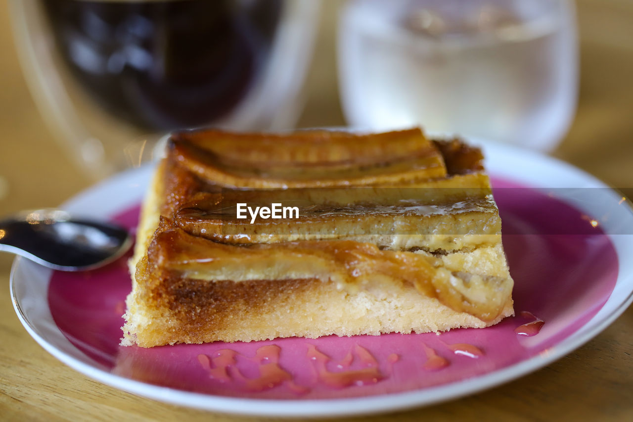 Close-up of dessert served on table