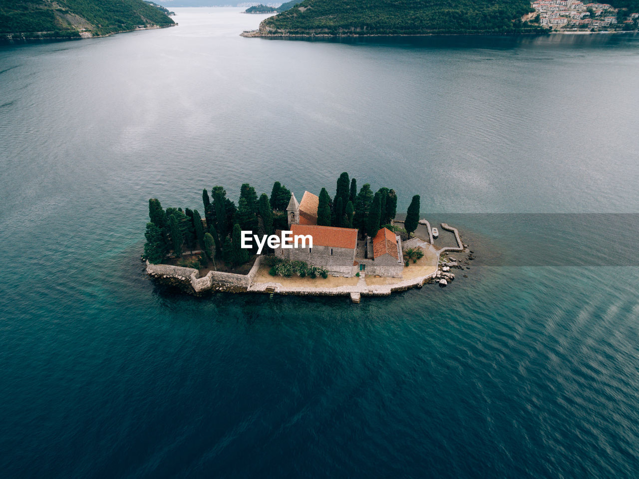 High angle view of houses on island