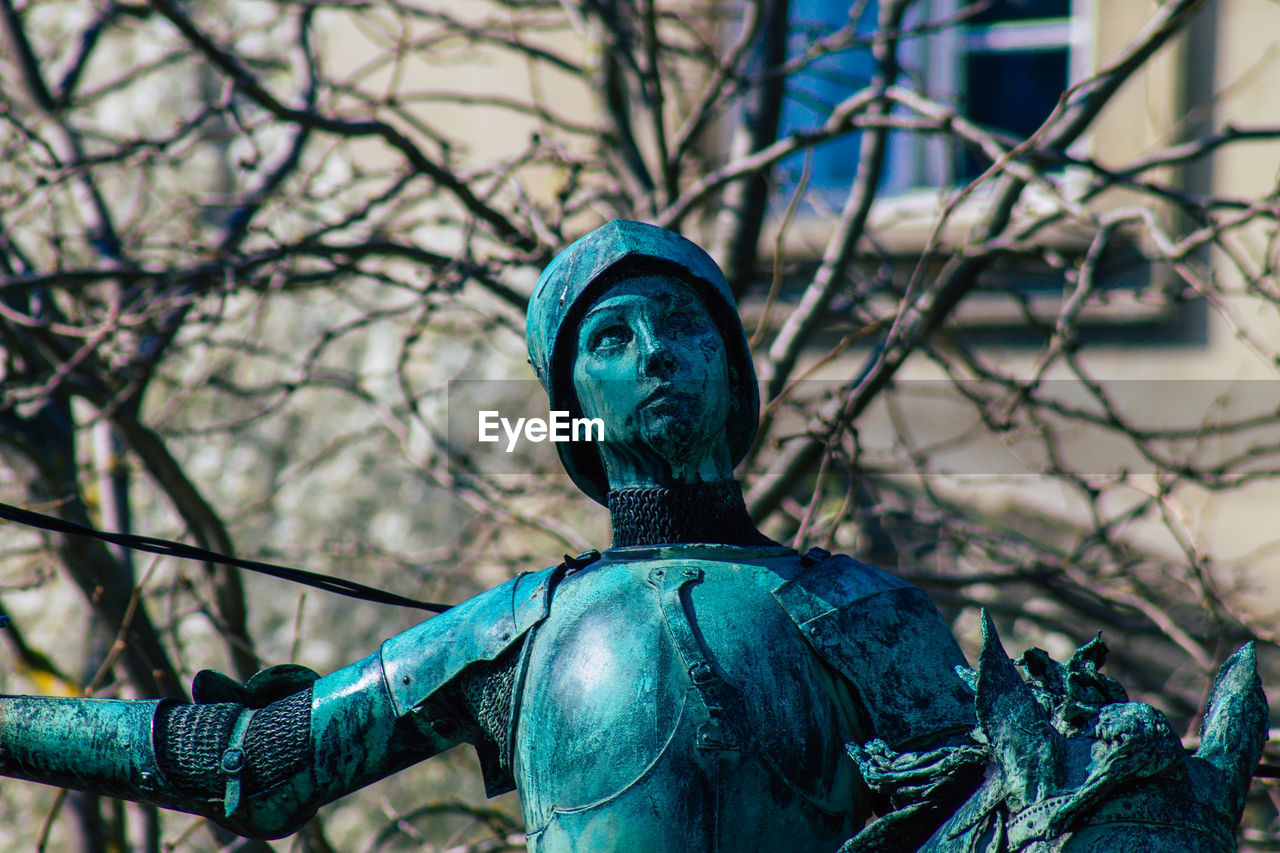 CLOSE-UP OF STATUE AGAINST BARE TREES