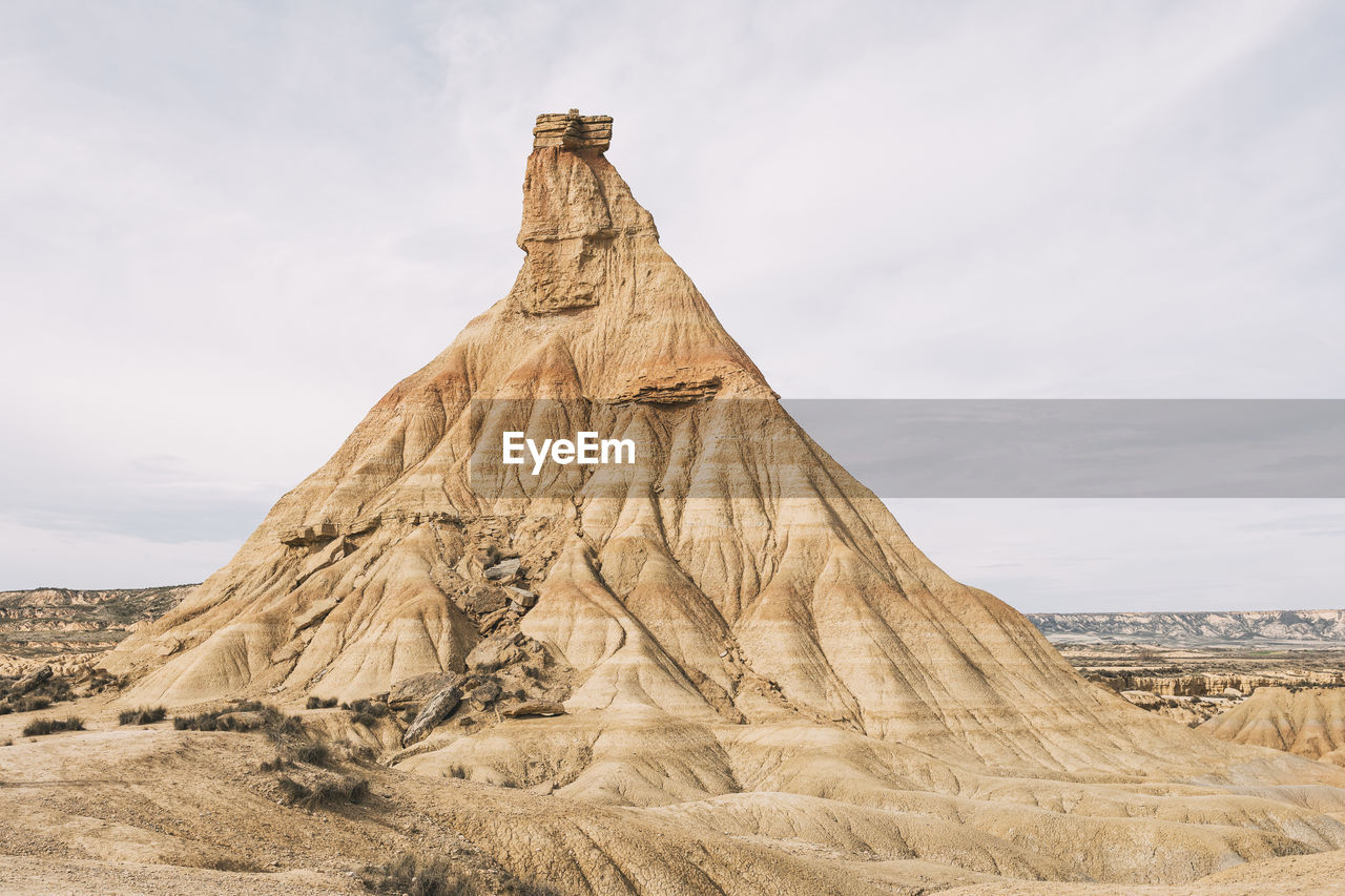 Imposing rocky mountain, landscape of bardenas reales, navarra. desert landscape of bardenas reales