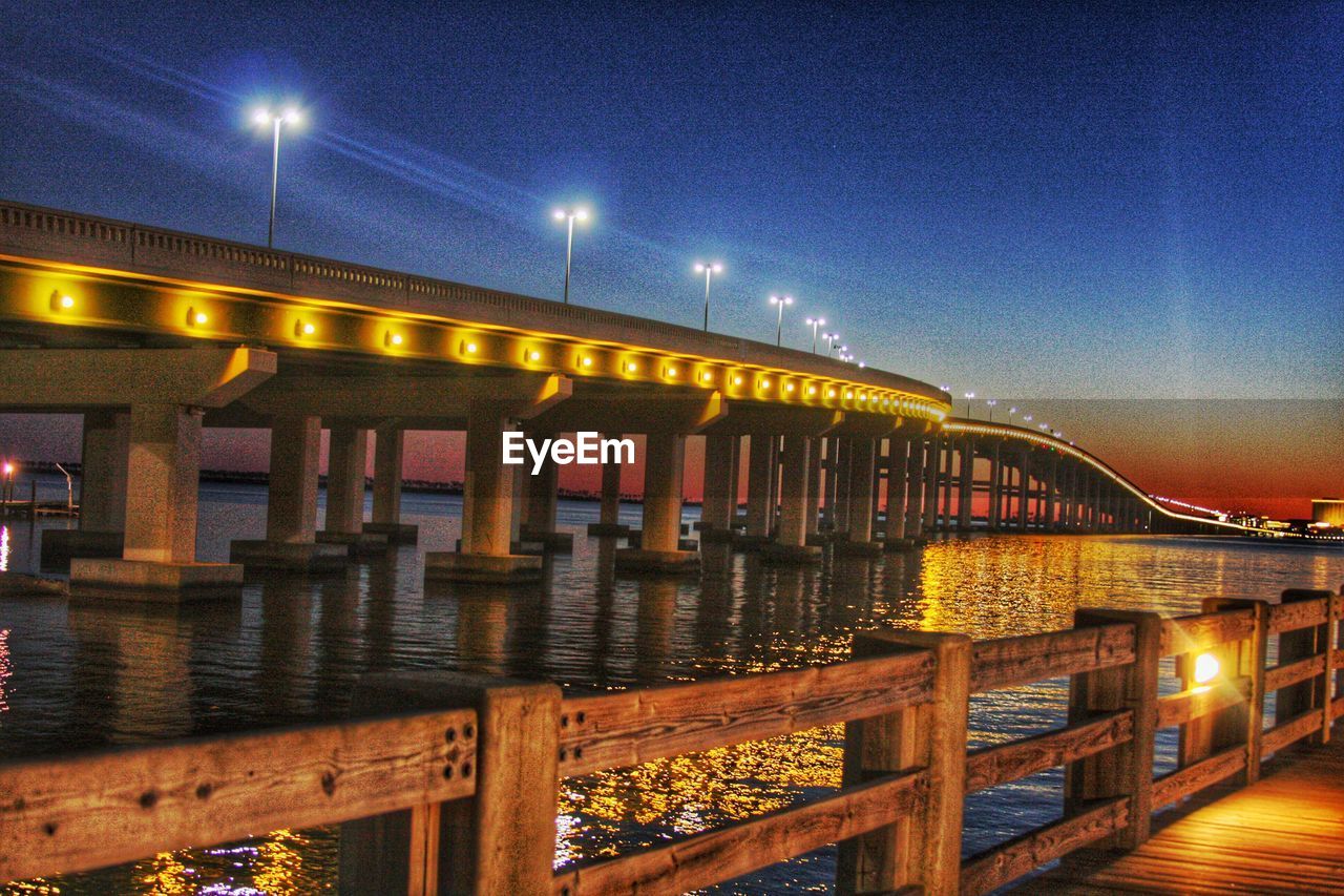 ILLUMINATED SUSPENSION BRIDGE OVER RIVER AGAINST SKY