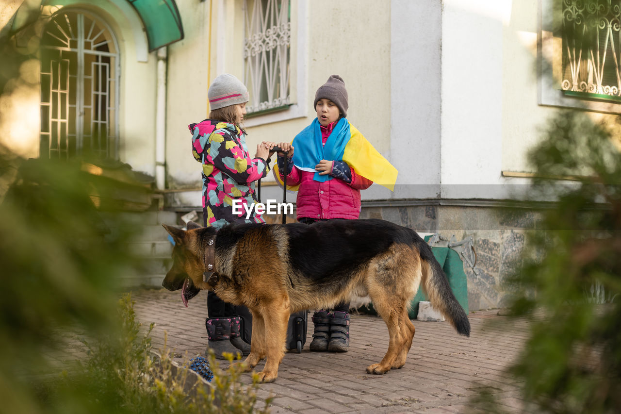 Two little girls with the flag of ukraine, suitcase, dogs. ukraine war migration. 