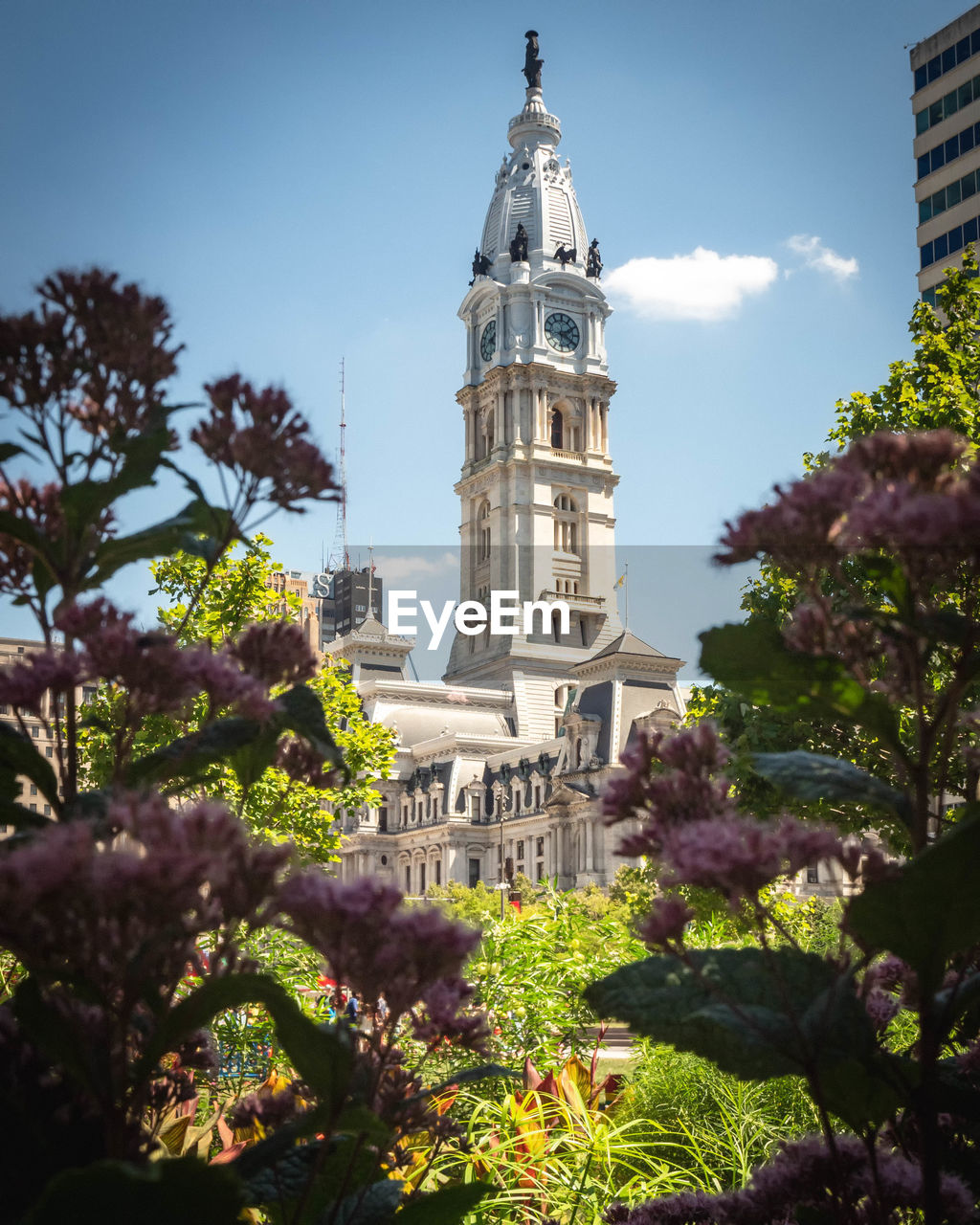 Philadelphia city hall during summer and garden in front, pennsylvania, usa