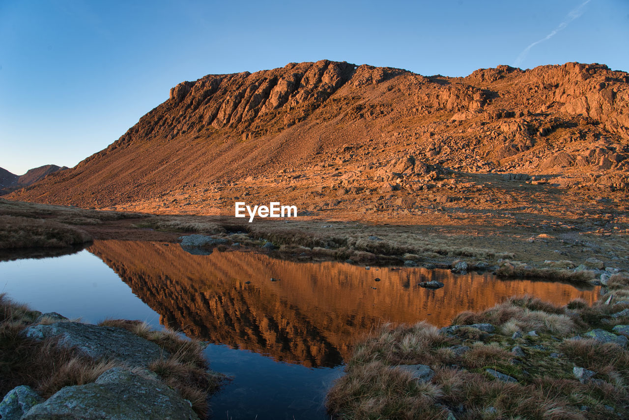 Sunset at three tarns with reflection of bowfell