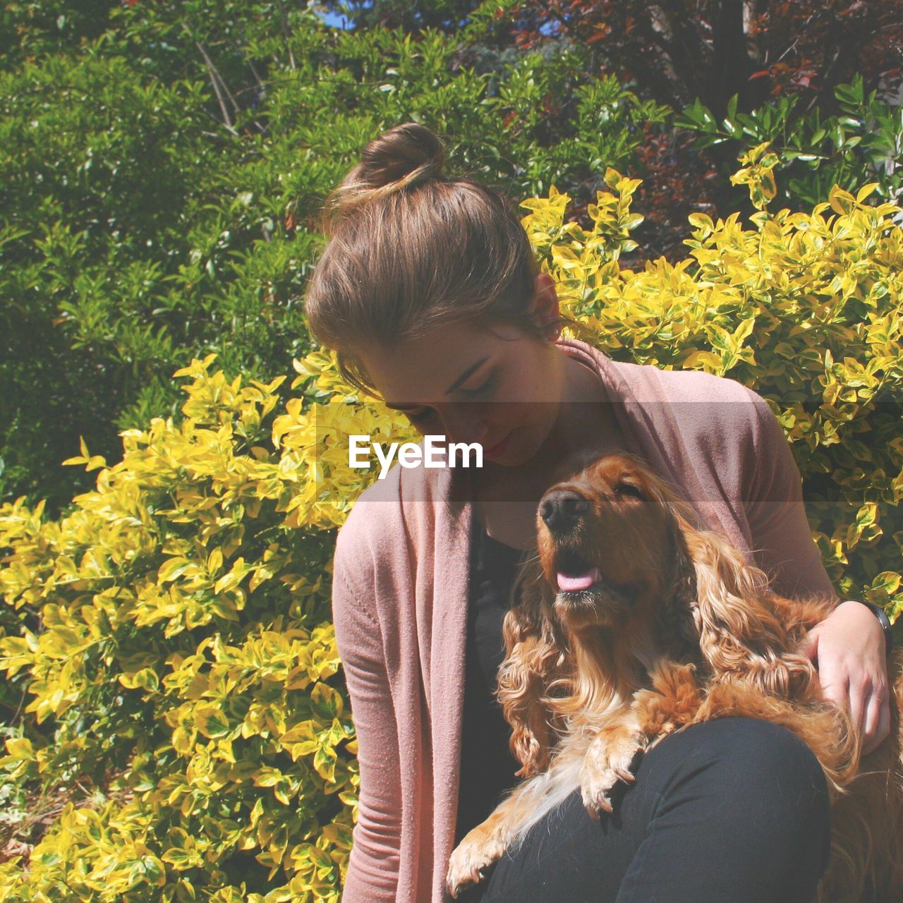 Young woman with dog against trees at park