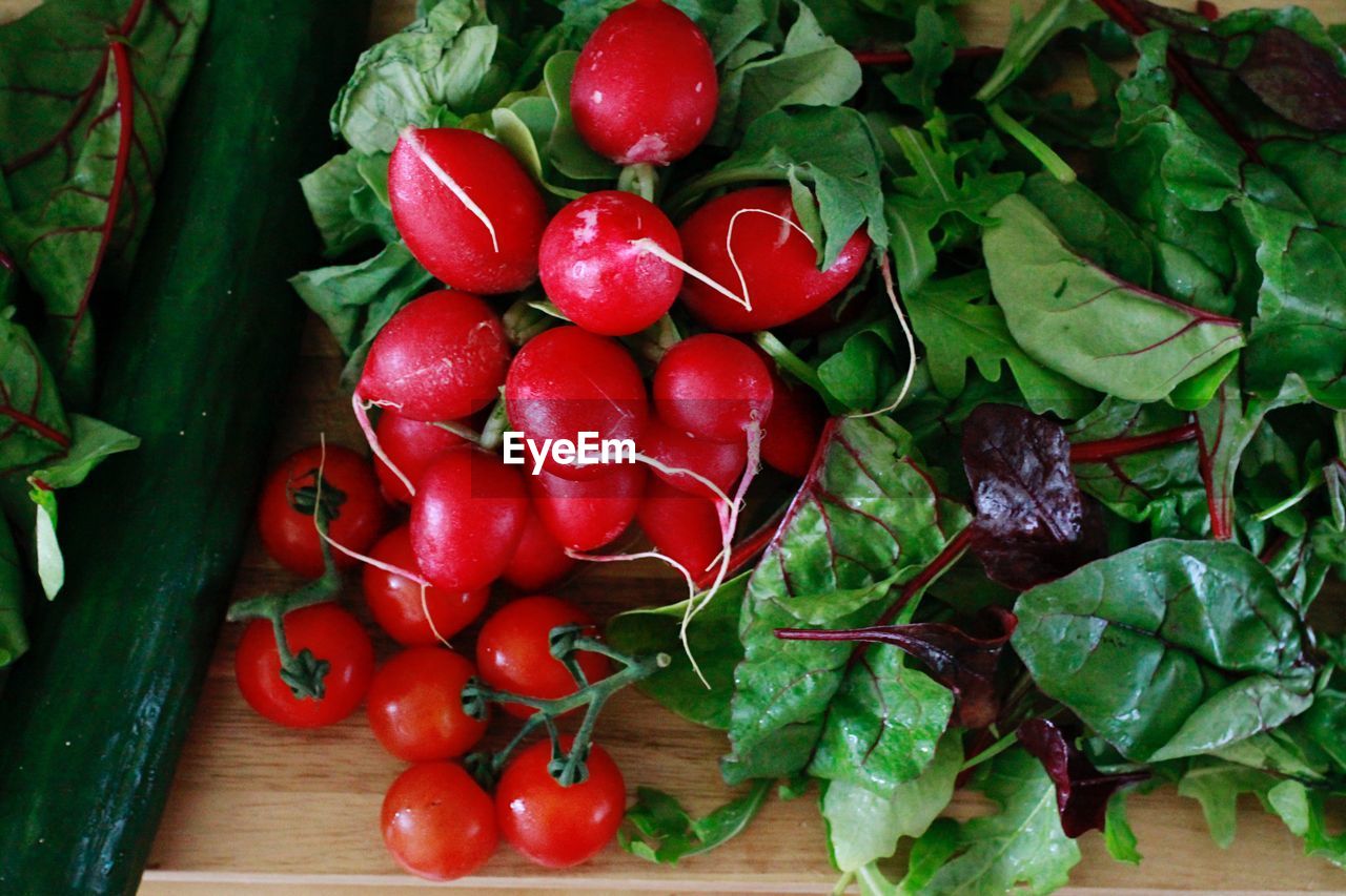 High angle view of chopped vegetables on table