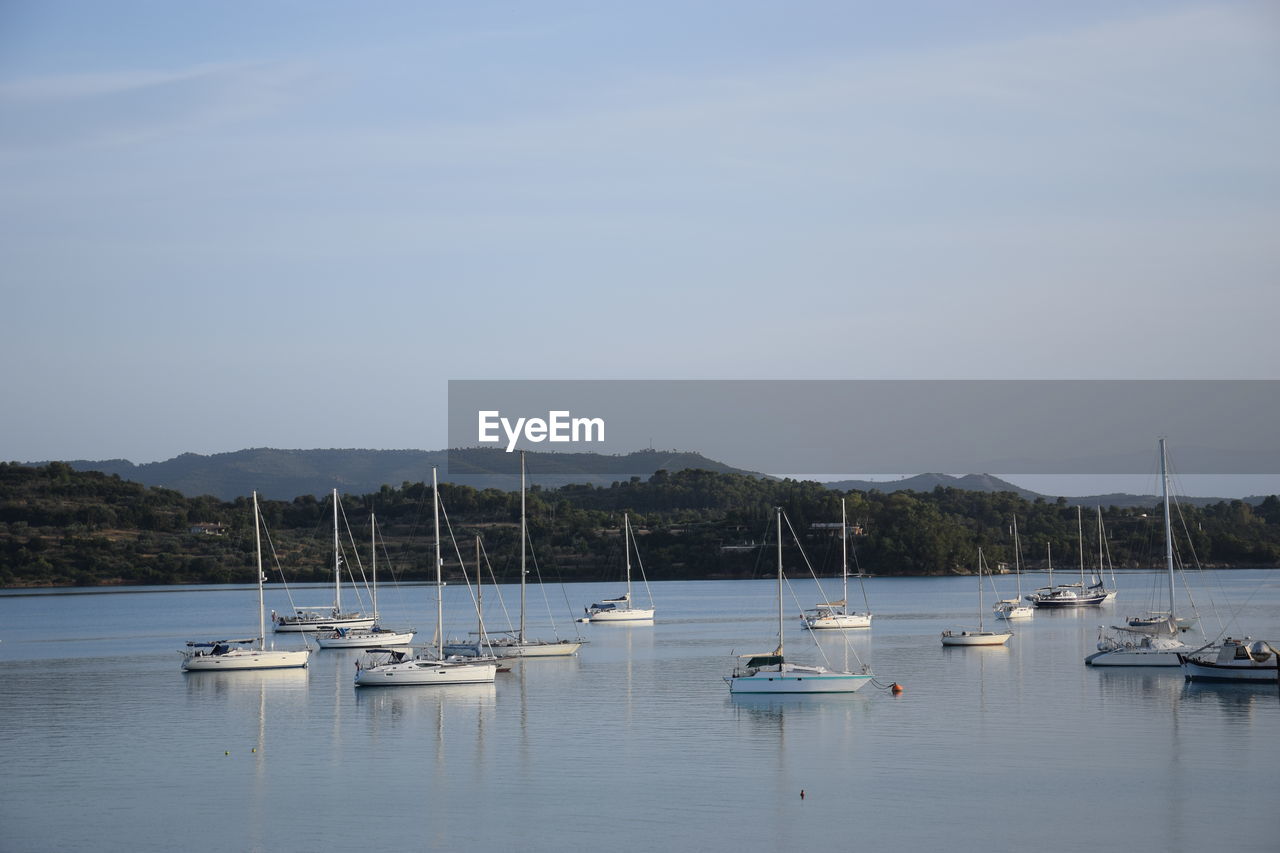 SAILBOATS MOORED AT HARBOR