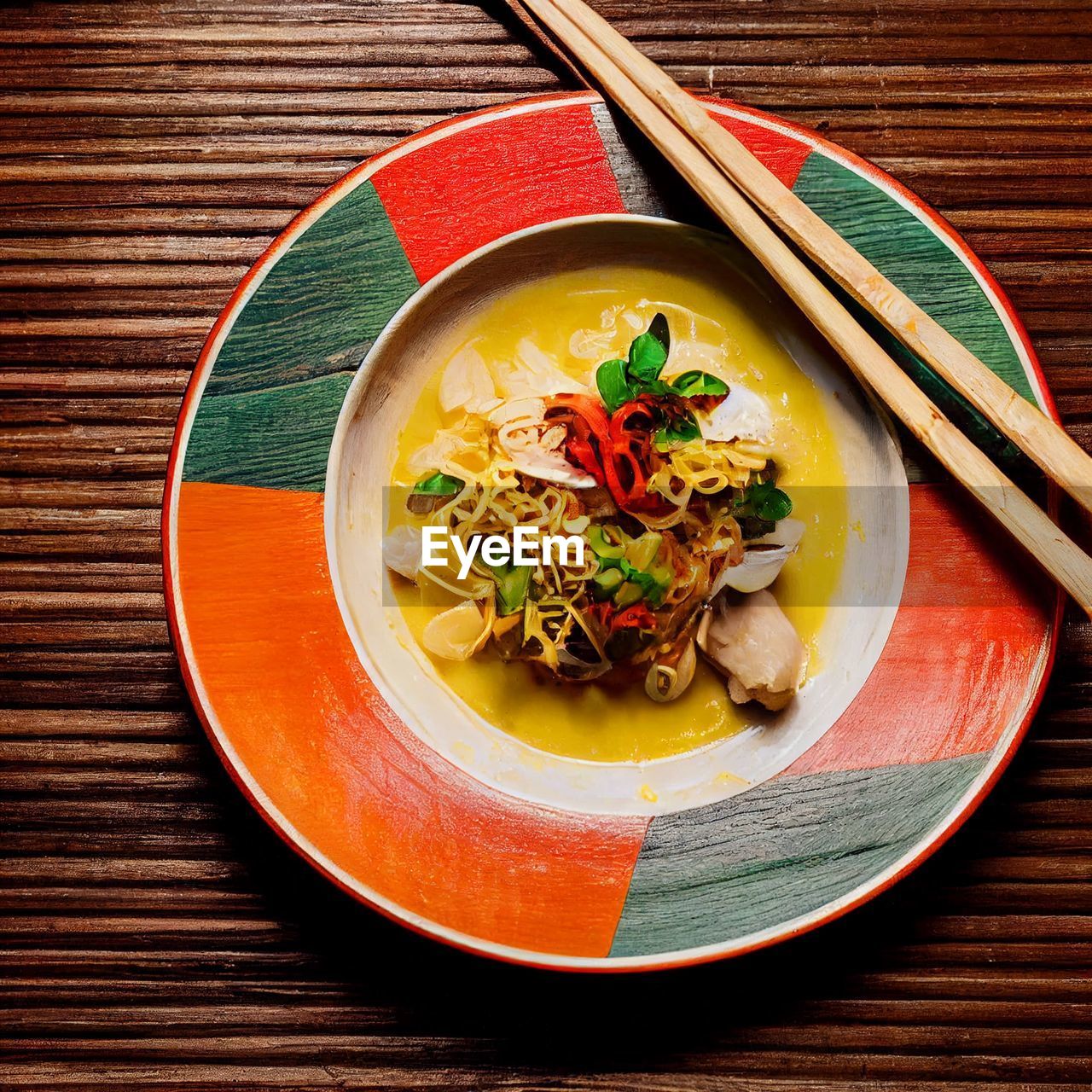 High angle view of food in plate on table