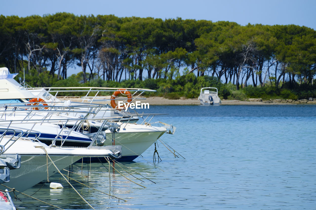 Boats moored on sea against sky