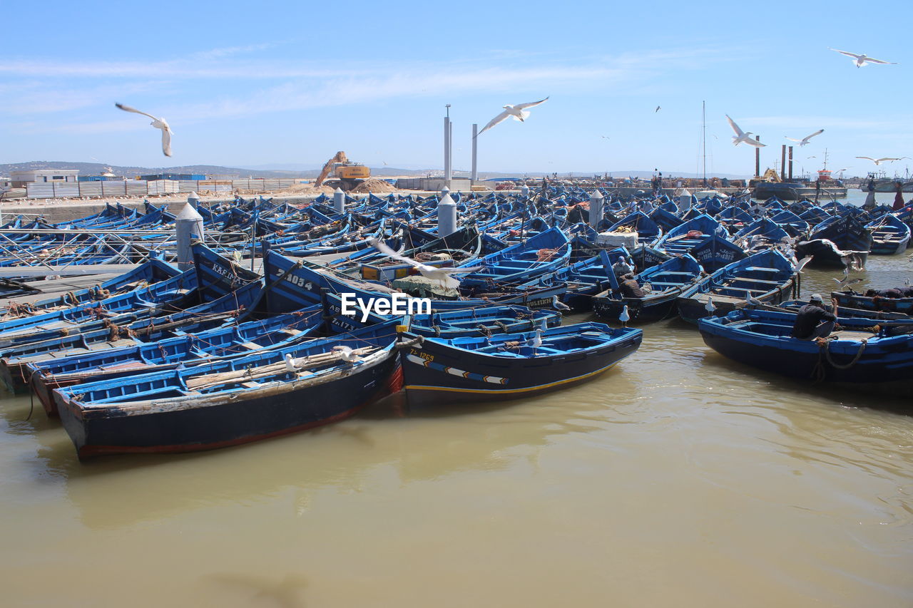 SAILBOATS MOORED IN HARBOR AGAINST SKY