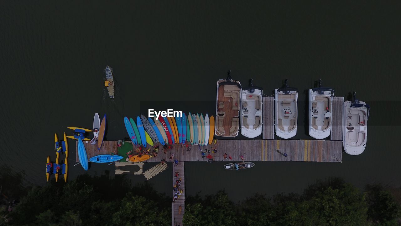 High angle view of boats moored at dock