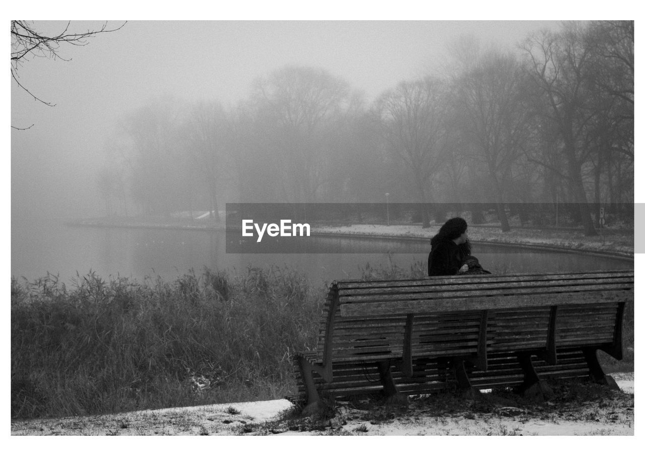 REAR VIEW OF PERSON SITTING ON BENCH IN PARK