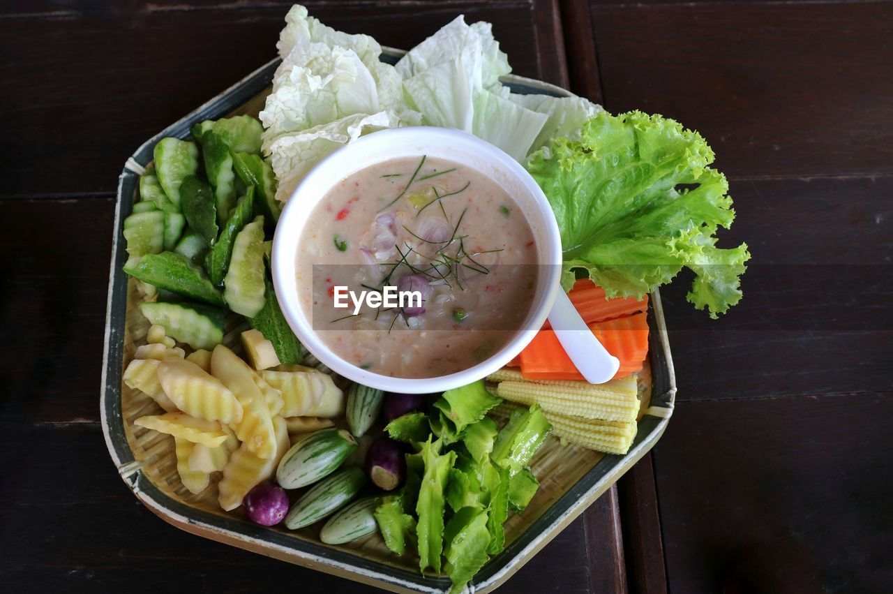 Crab dip with coconut milk and fresh mixed vegetables. healthy food for life concept.