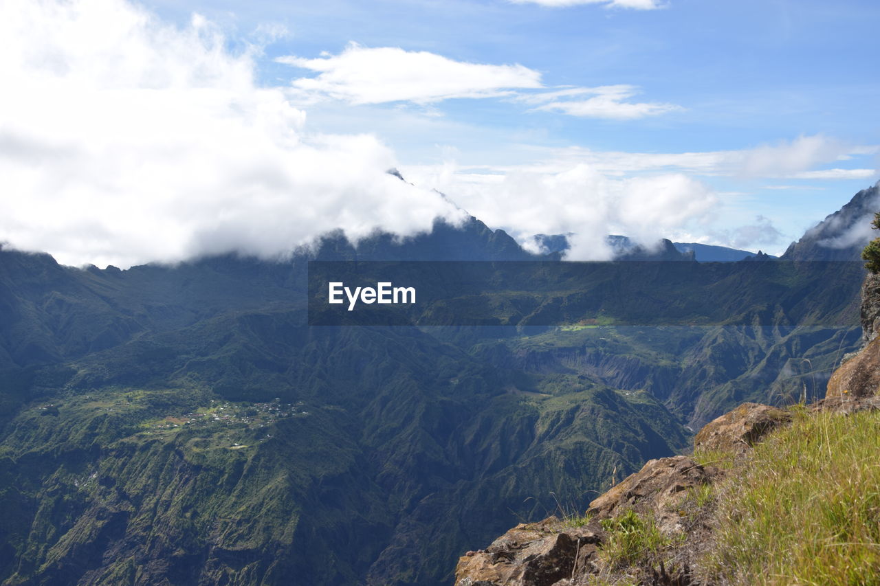 Aerial view of mountain range against sky