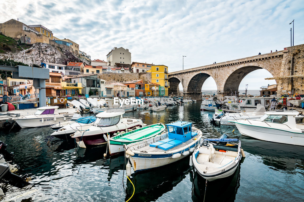 BRIDGE OVER RIVER AGAINST BUILDINGS IN CITY