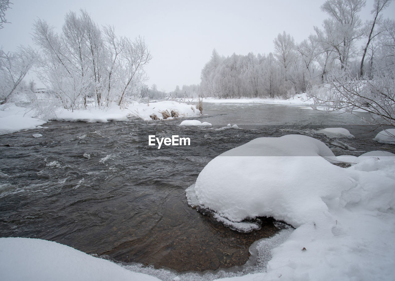 FROZEN RIVER AGAINST SKY DURING WINTER