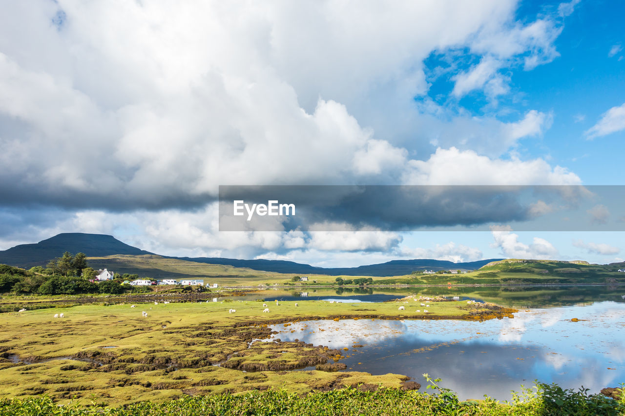 Scenic view of landscape and lake against sky