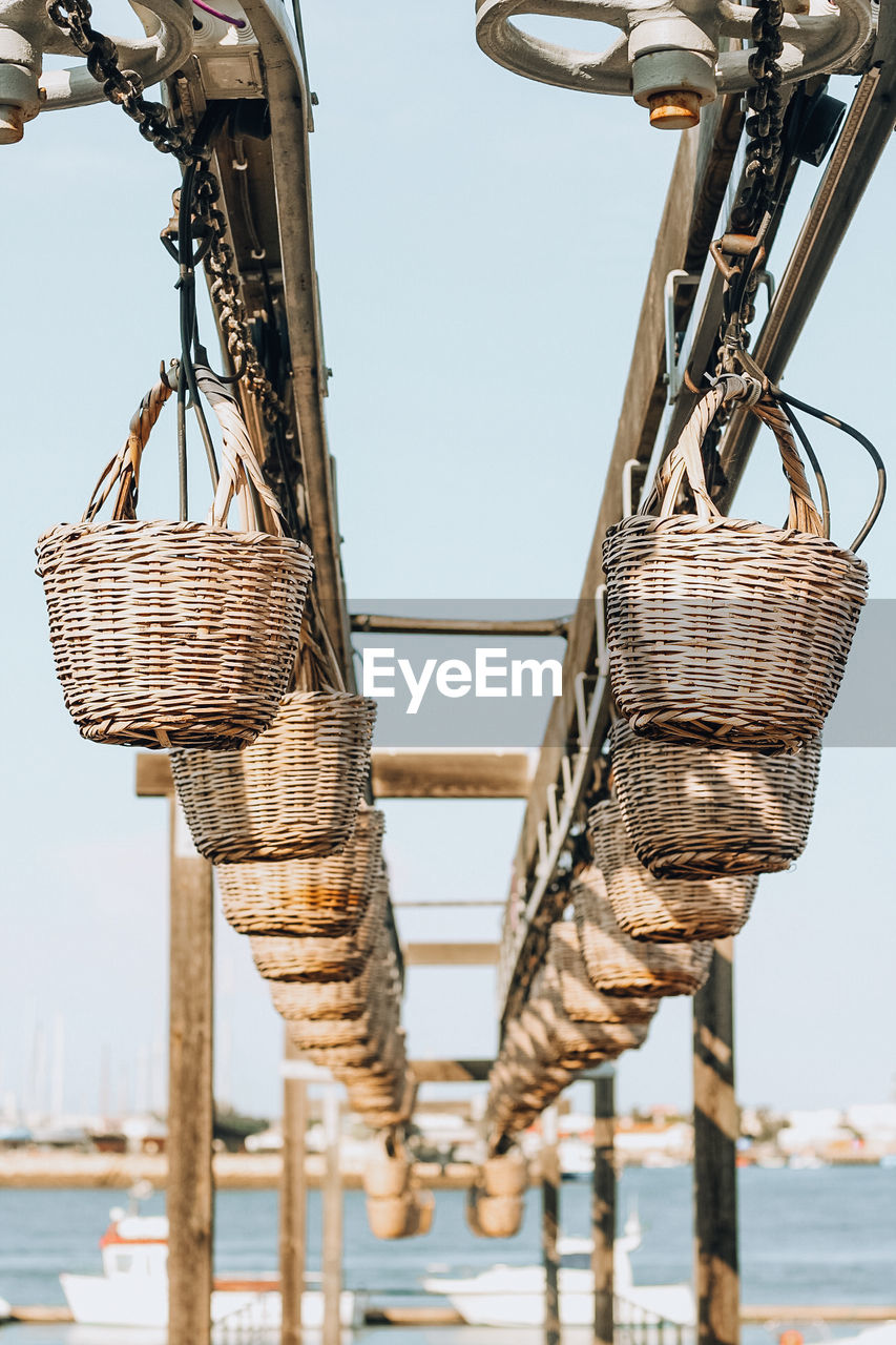 Low angle view of baskets against sky