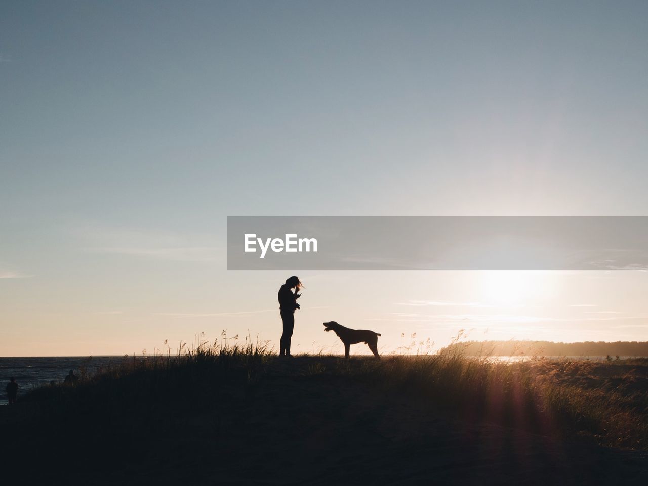 Silhouette woman with dog on field against sky during sunset