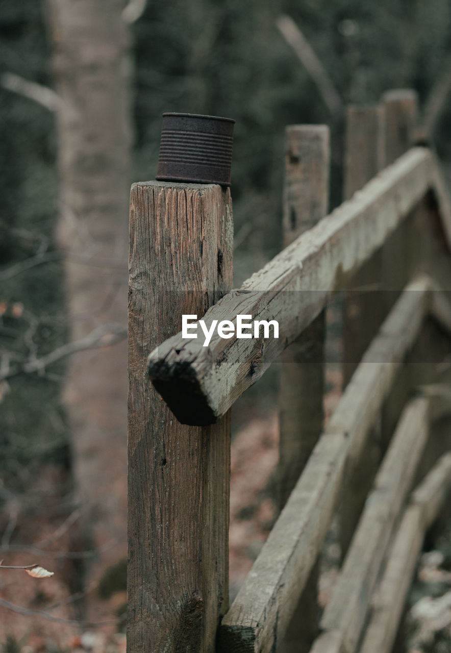 close-up of wooden railing