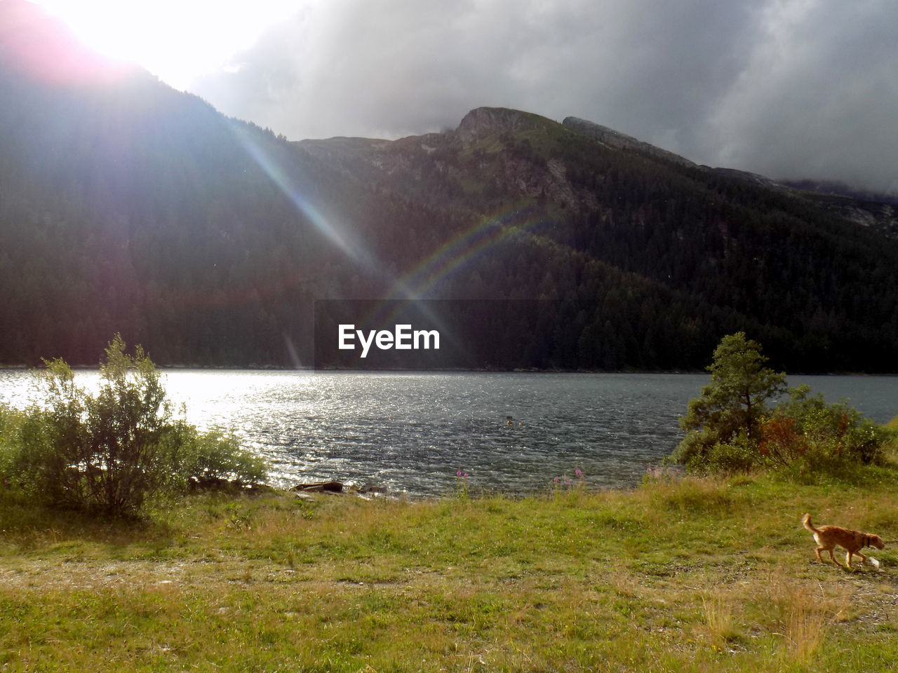 SCENIC VIEW OF LAKE BY MOUNTAIN AGAINST SKY