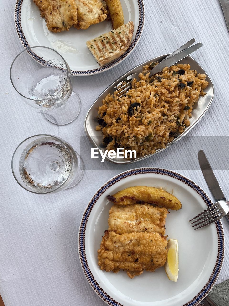 High angle view of seafood lunch served on table