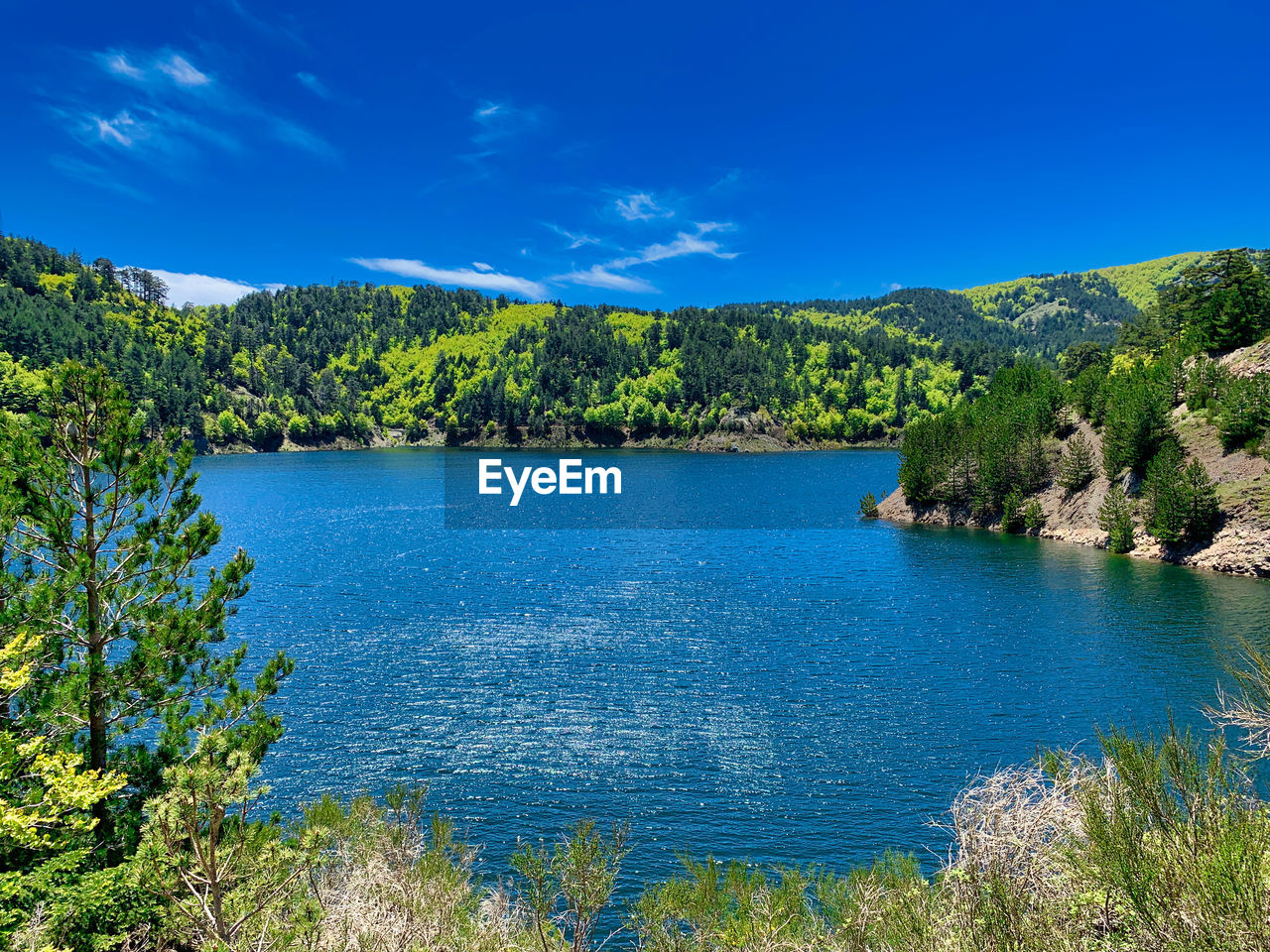 Scenic view of lake against blue sky