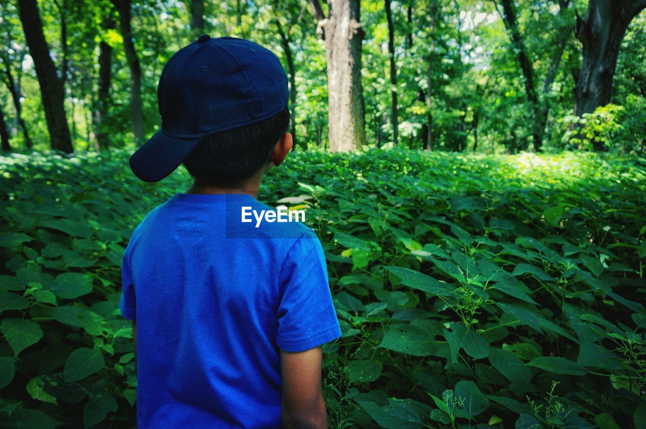 Rear view of boy standing by plants