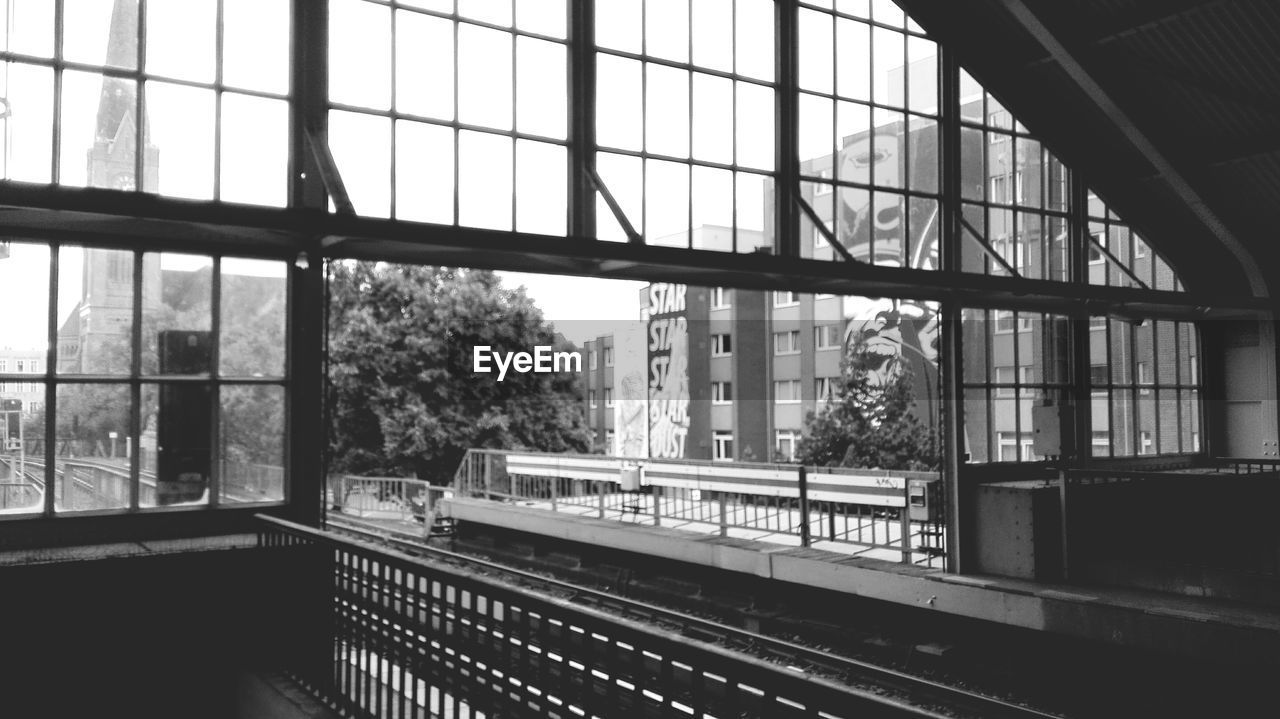 Interior of railroad station against sky