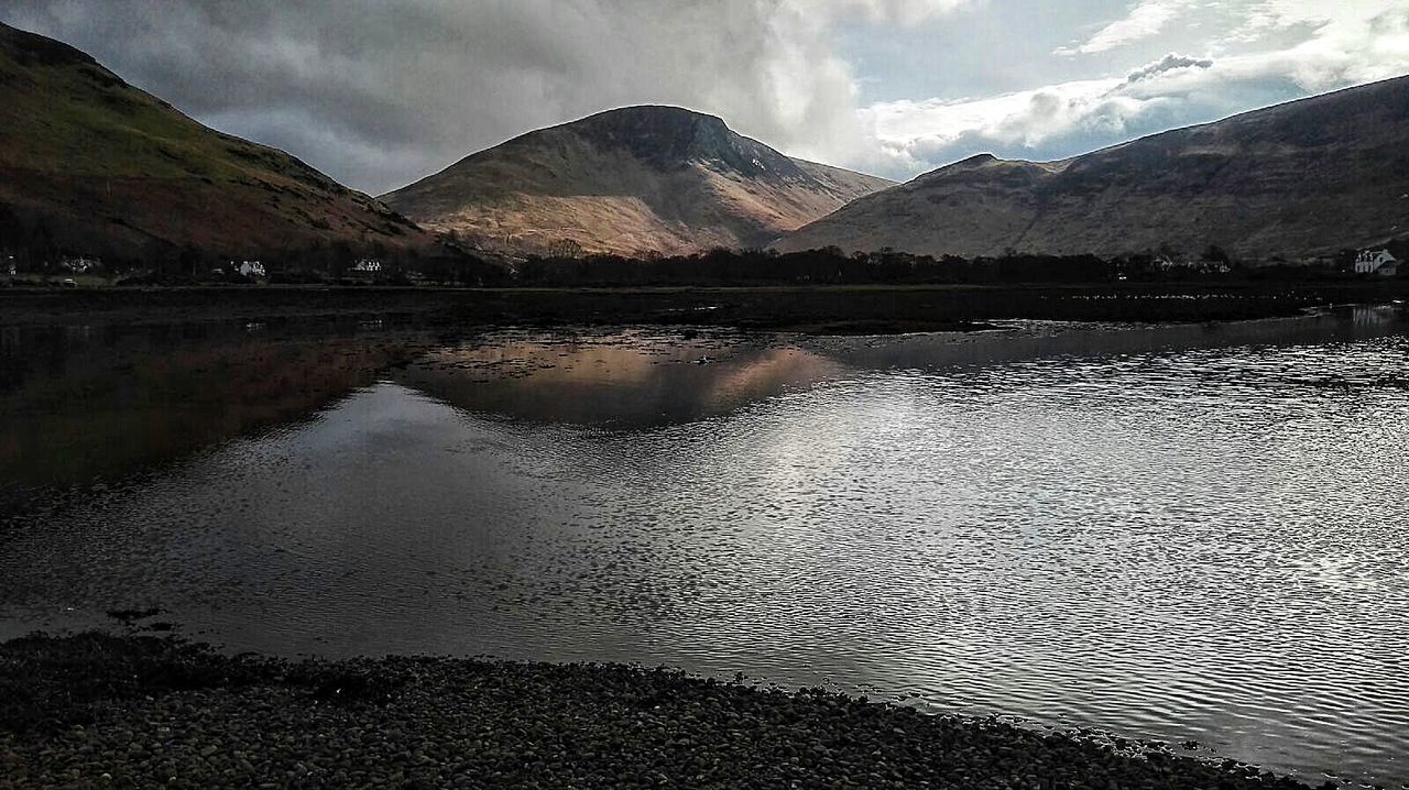 SCENIC VIEW OF LAKE BY MOUNTAIN AGAINST SKY