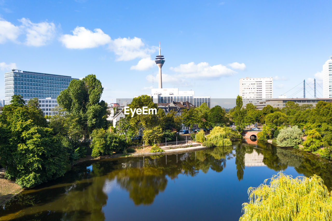 Rheinturm tower in düsseldorf from a bird's eye view, drone photography