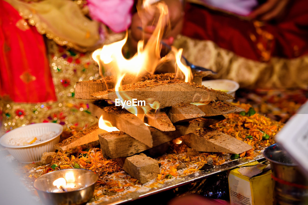 A sacred fire for puja. selective focus is used