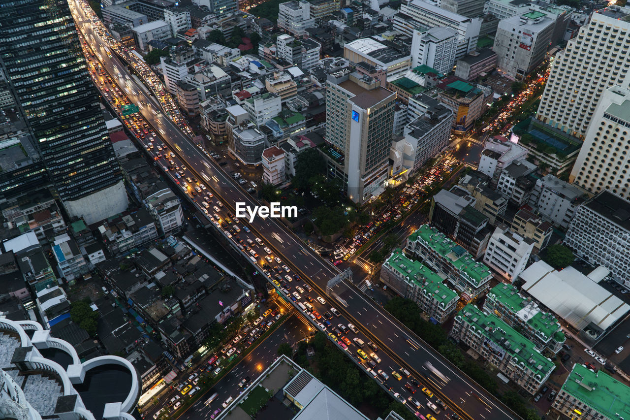 High angle view of cityscape at dusk