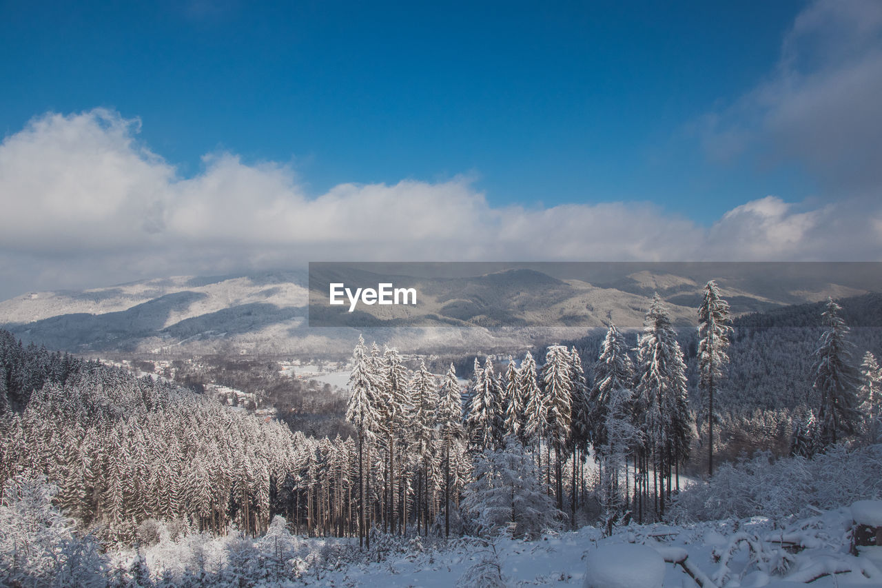 Winter idyll in the czech mountains in europe. wooded land covered with snow. beskydy mountains