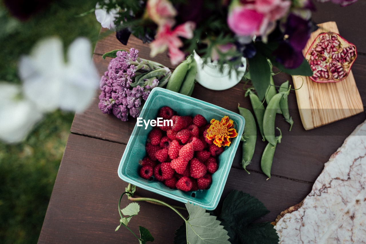 High angle view of berries on table