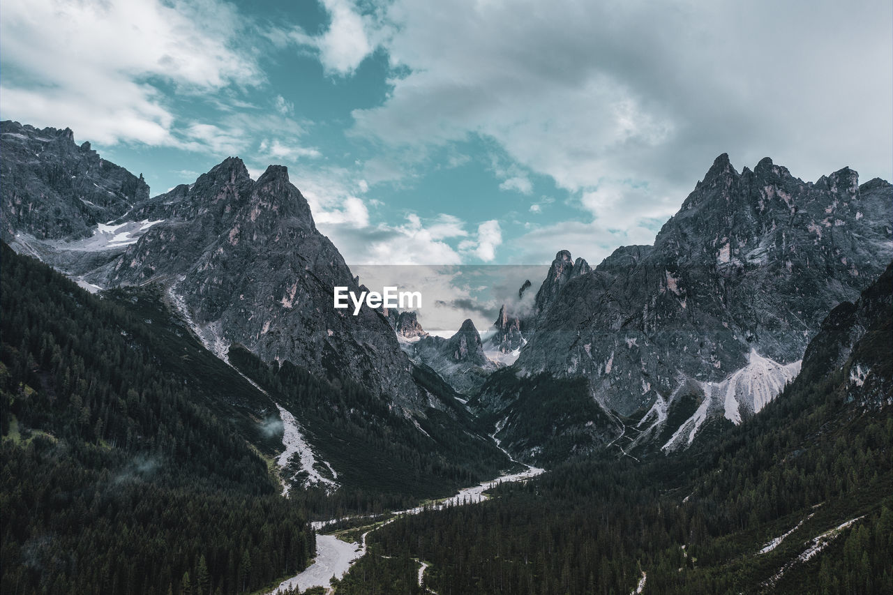 Panoramic view of the sesto dolomites . drone photography.