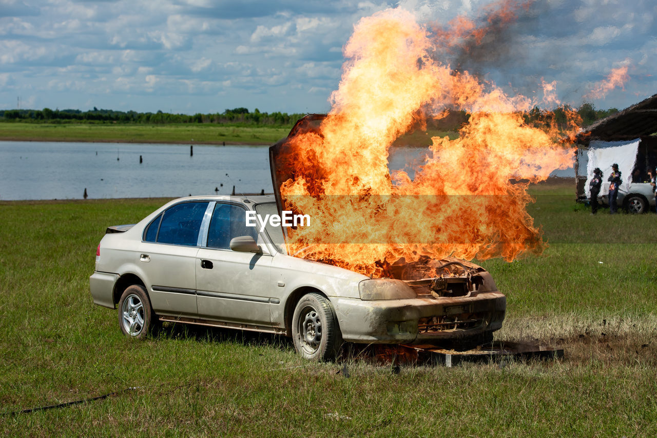 side view of man standing by car on field