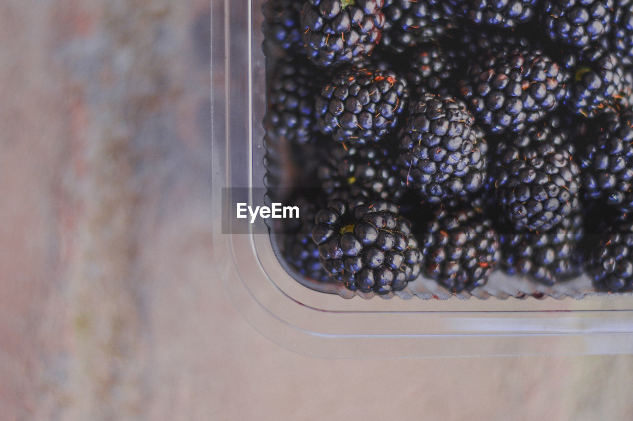 Close-up of blackberries in container