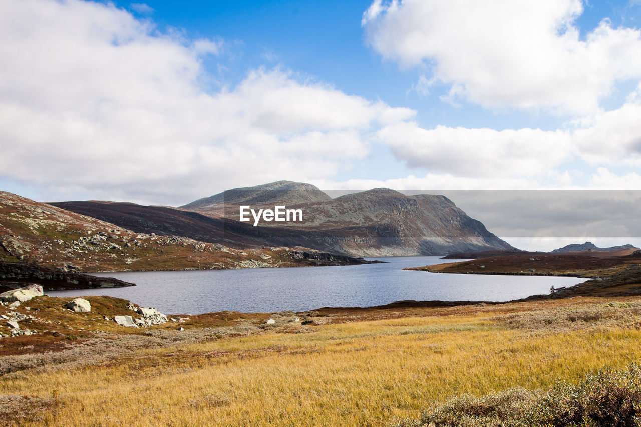 Scenic view of lake against cloudy sky